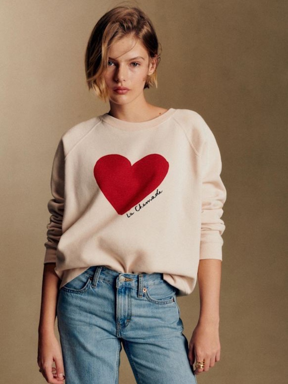 Sezane | La Chamade Crewneck Sweatshirt Heart Cream/Red Small